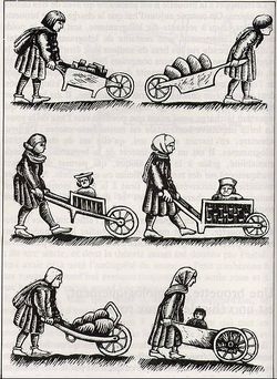 Modeles brouettes. Medieval wheelbarrow designs. Wikipedia.