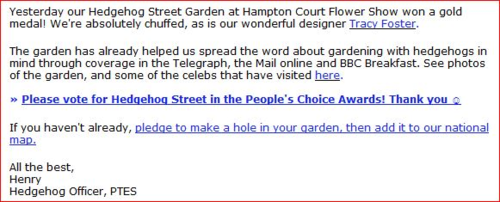 Email from PTES re Hedgehog Street