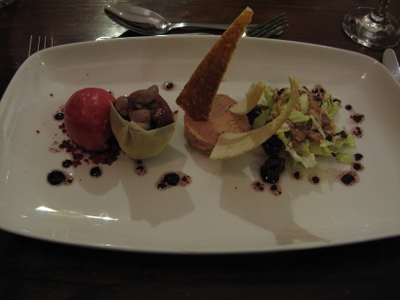 Confit Duck Salad with Duck Liver Parfait, Cherry Sorbet