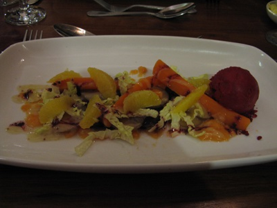 Salt baked beetroot, carrot puree, beetroot sorbet, orange