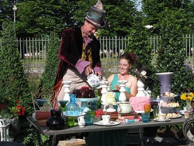 Charlie Bloom (right) and helper in The Tea Party, Historic Garden, RHS Hampton Court 2015
