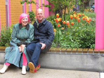 Zandra Rhodes and Joe Swift at Greenwood Theatre Pocket Park, April 2015